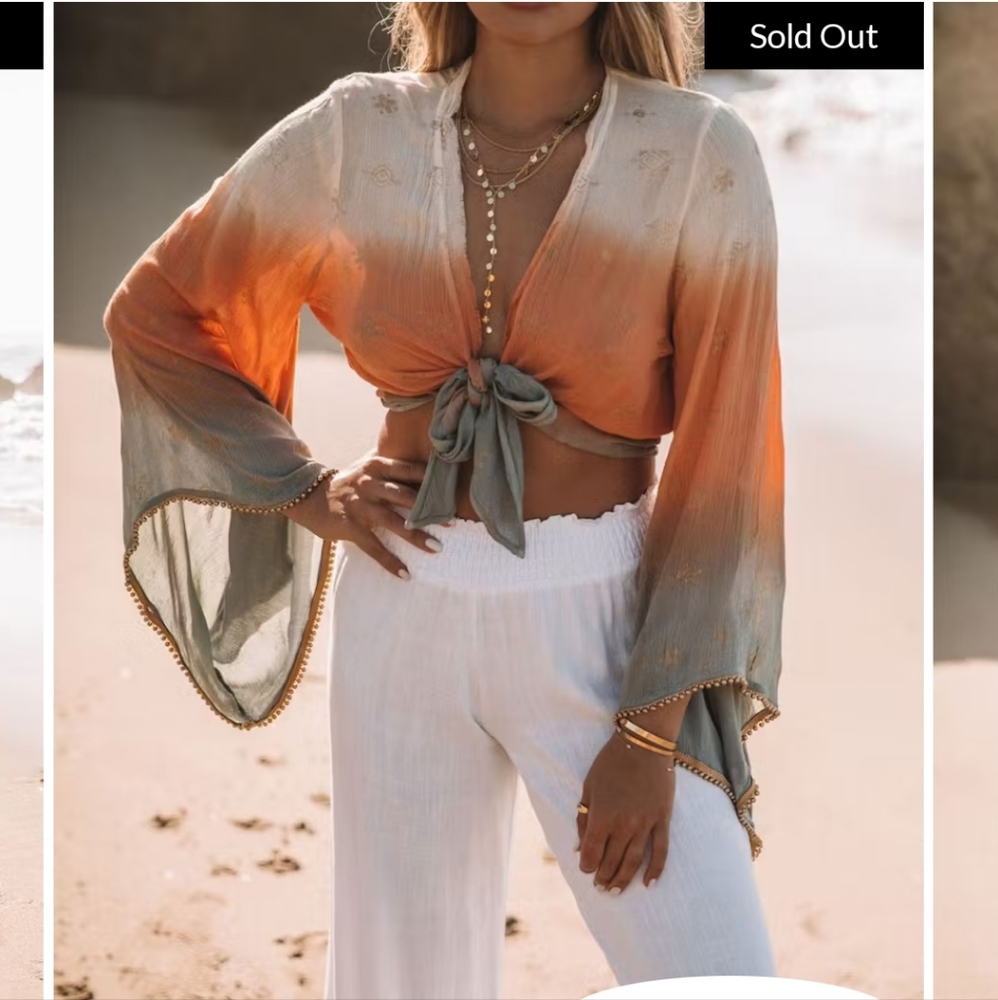 BOHEMIAN OMBRE BEADED TIE FRONT CROP TOP - Picture 2 of 3